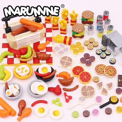 Marumine Mini Food Building Blocks Kitchen Accessories Hamburger Pizza Fries City Friend Model Accessories MOC Bricks Parts