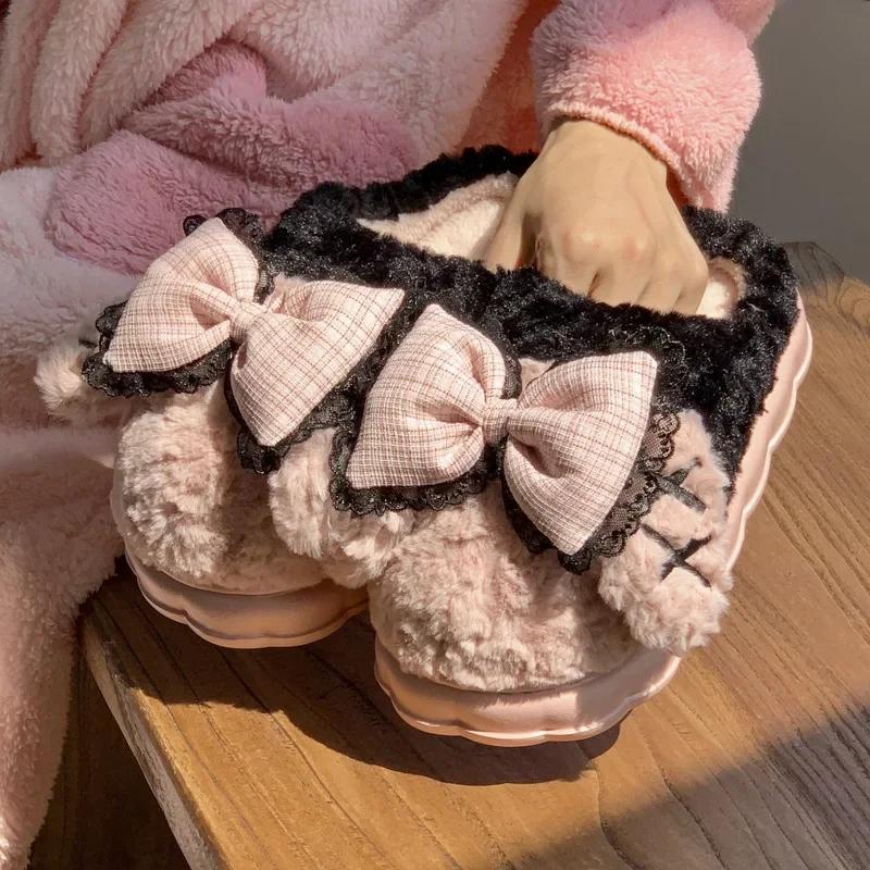 New Pattern Women's Plush Slippers Women Bow Warm and Soft Slipper Women Thick Winter Indoor Cotton Shoes Women Toe Wrap Slipper