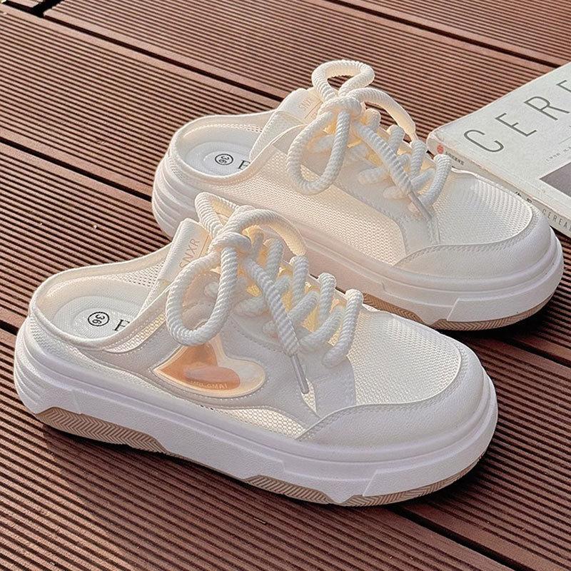 Summer half slippers women's 2025 new breathable thin mesh mesh shoes platform casual one-pedal lazy little white shoes