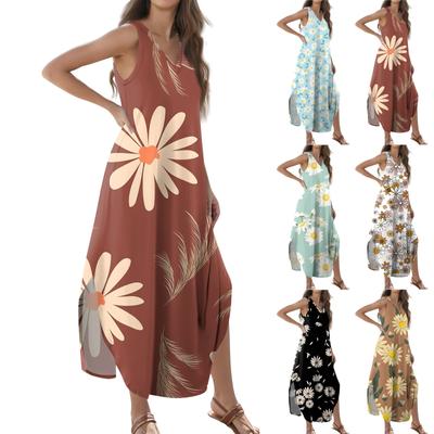 Women's Summer Casual Loose Vest Maxi Dress Tie-Dye Floral Print Sleeveless V-Neck Slit T-Shirt Maxi Dress