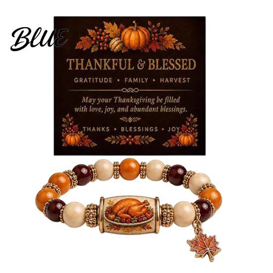 Thanksgiving Beaded Bracelet for Women Holiday with Greeting Card Gift Maple Leaf Charm Elastic Stretch Fall Harvest Jewelry Theme Women
