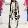 Women Plus Size Beige Dark Green Printed Round Neck Three Quarter Sleeve Asymmetrical Top Long Pants Two Piece Set