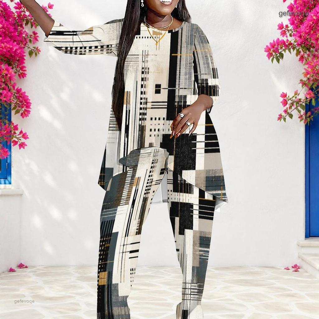 Women Plus Size Beige Dark Green Printed Round Neck Three Quarter Sleeve Asymmetrical Top Long Pants Two Piece Set