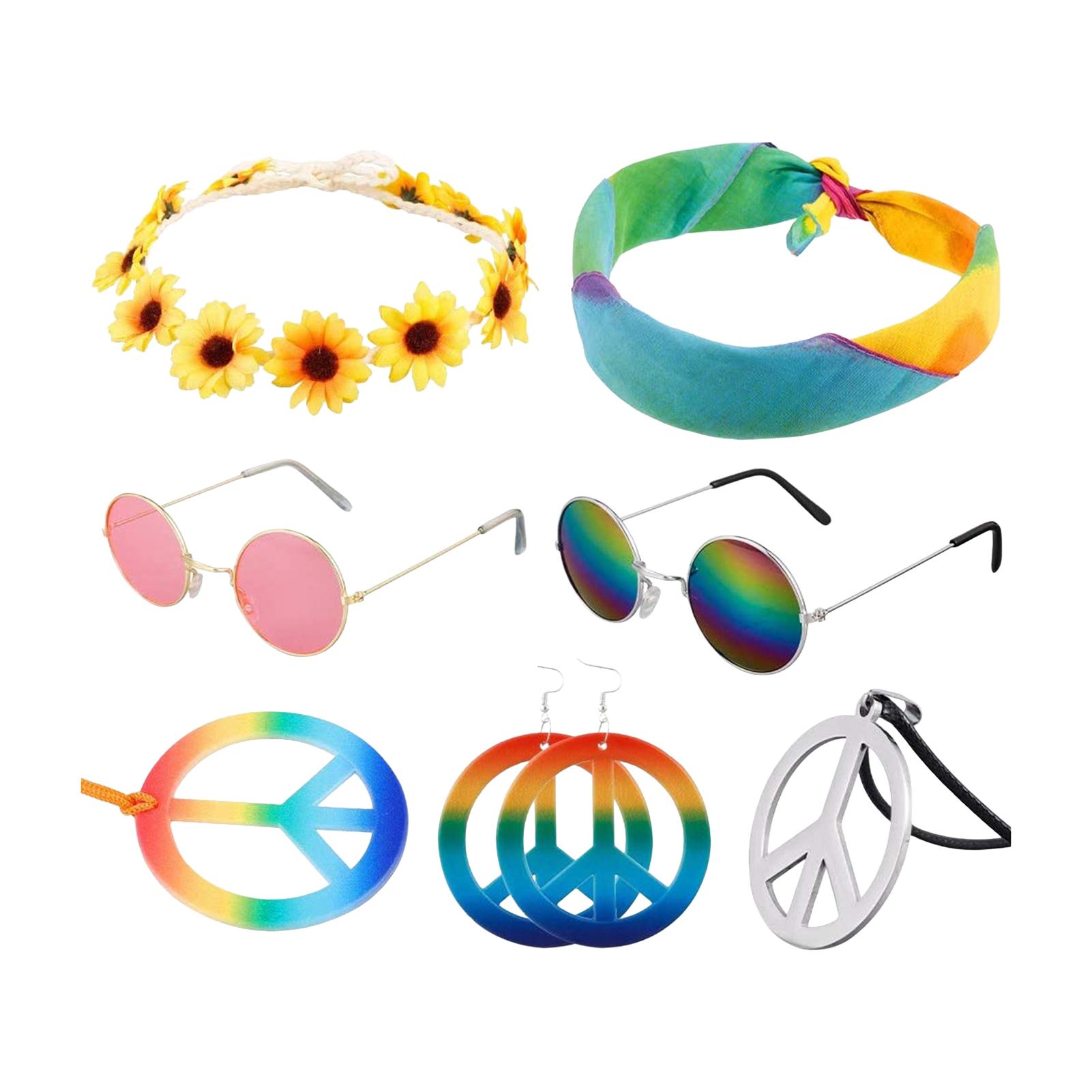 

Hippie Costume Set with Colorful Peace Sign Necklace Earrings Pink Glasses Flower Crown for Party Cosplay