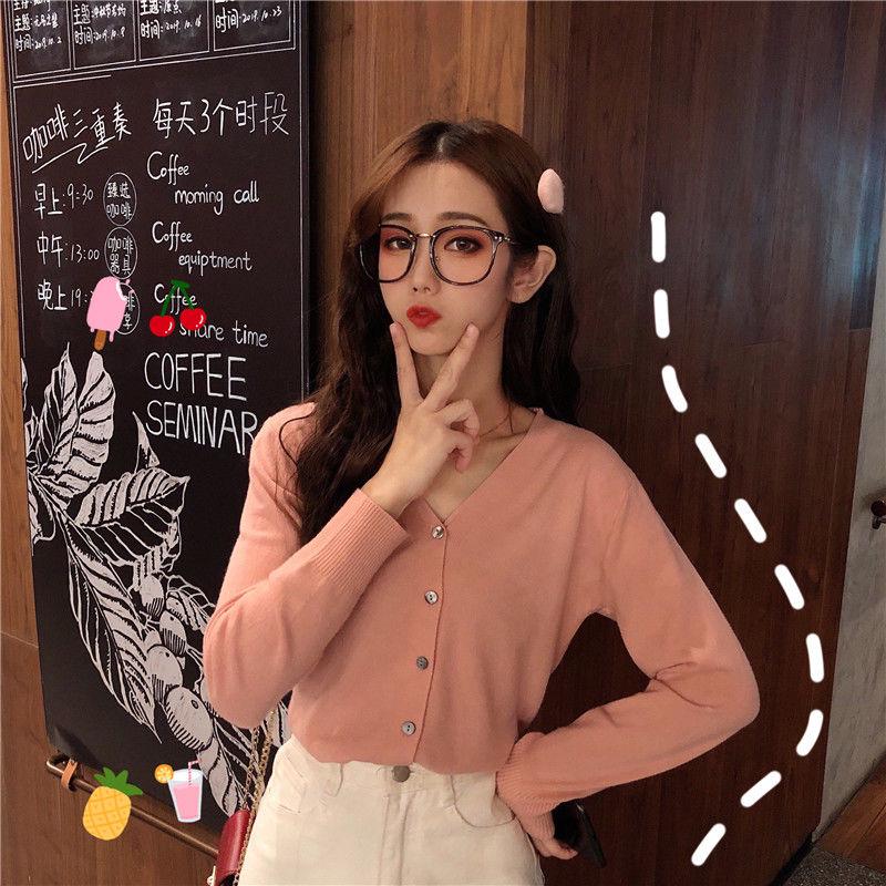Spring and Autumn Thin Women's Knitwear Short Cardigan Western Style V-Neck Versatile Long Sleeve Top