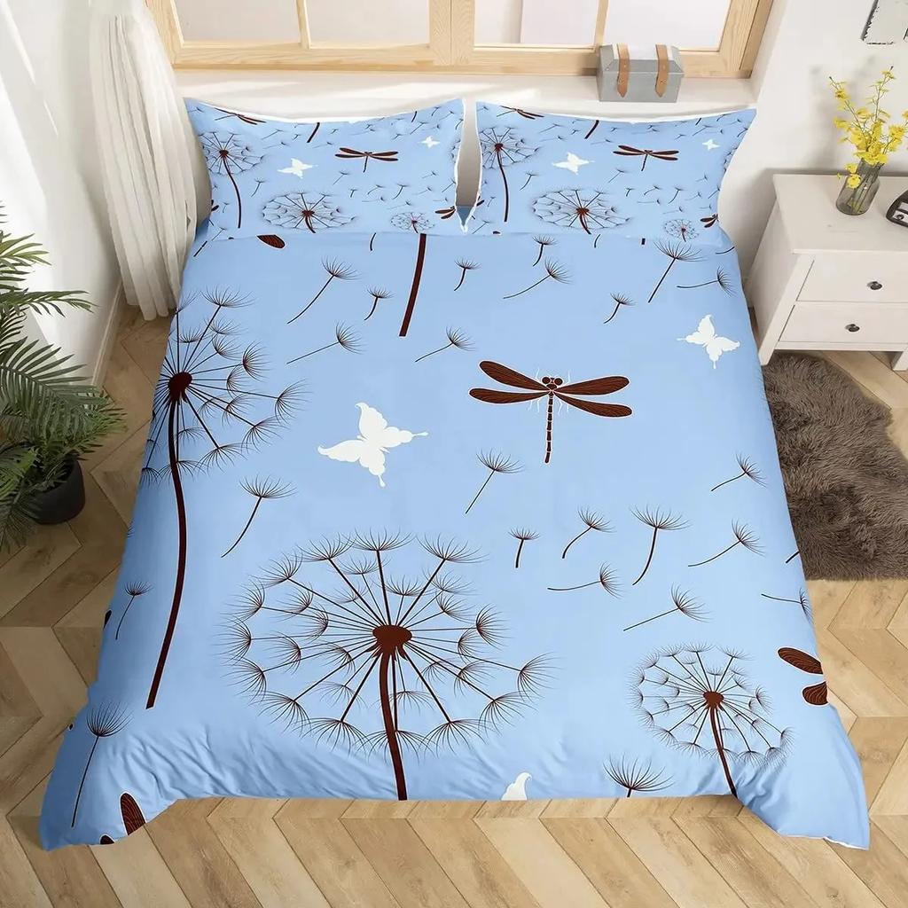 Butterfly Dragonflies Duvet Cover Set Dandelion Bedding Set Dragonfly Gift for Women Girl,Flowers Botanical Weed Comforter Cover