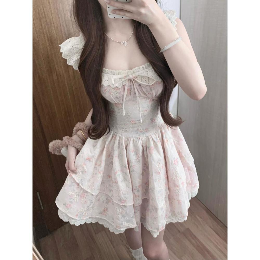 Summer French Gentle Wind Sweet and Unique Beautiful Floral Suspender Dress Waist Puffy Skirt Super Beautiful French