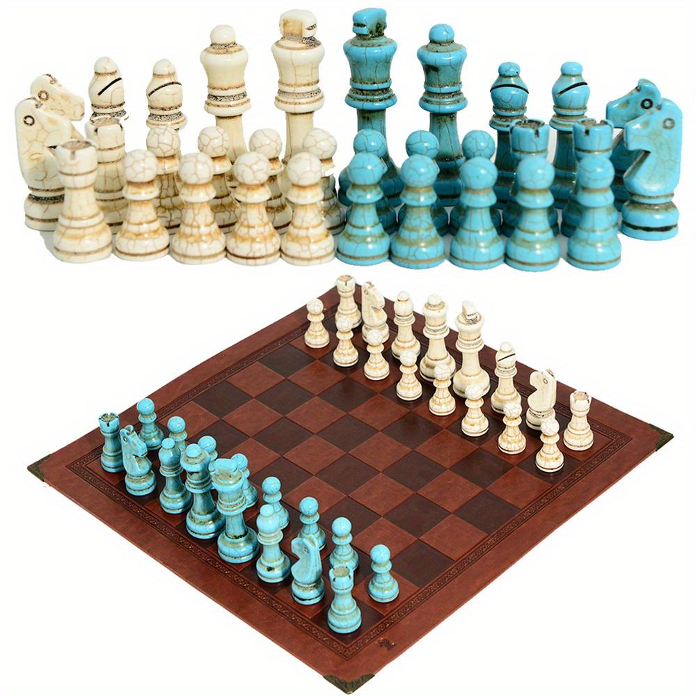 New White Blue Turquoise Material King Height 7.8Cm Chess Pieces With 32 Pieces Paired With A Red Artificial Leather Chessboard