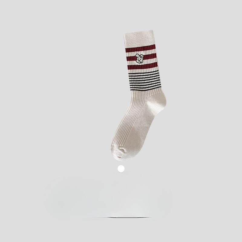 Embroidered Dog Academy Style Socks for Women, Spring and Autumn, Striped Mid-calf Cotton Socks, Retro Boneless Long Socks
