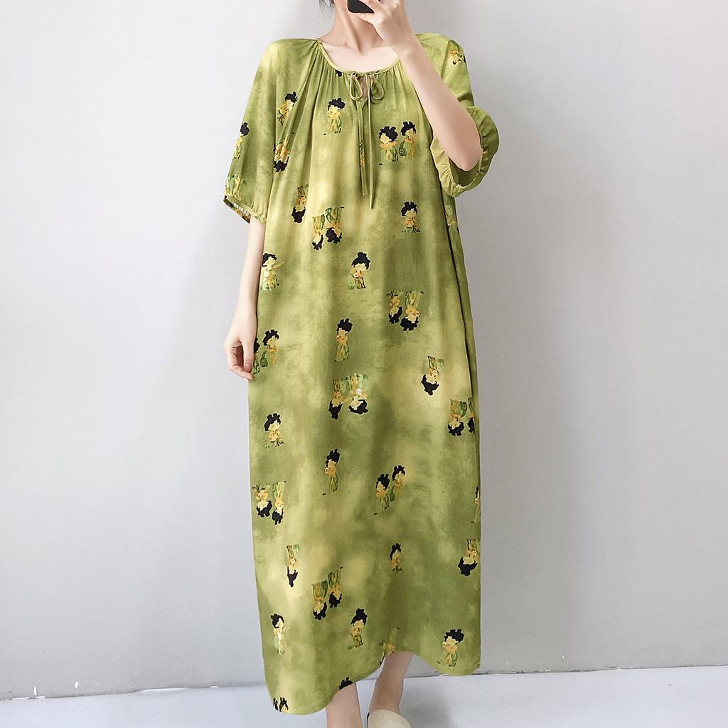1011 new cotton and silk nightdress women's summer short-sleeved pajamas cartoon pony element long loose cotton silk skirt can be worn outside