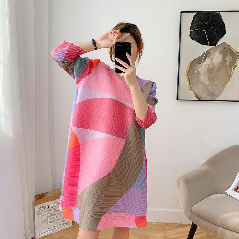 

Женское плиссированное платье большого размера розового цвета с круглым вырезом и рукавами три четверти свободного кроя модное летнее платье One size розовый