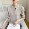 Baby Plush Autumn/Winter Soft Cashmere Color Block Knit Sweater - Women's Warm Button-Up Half-High Neck Base Layer.