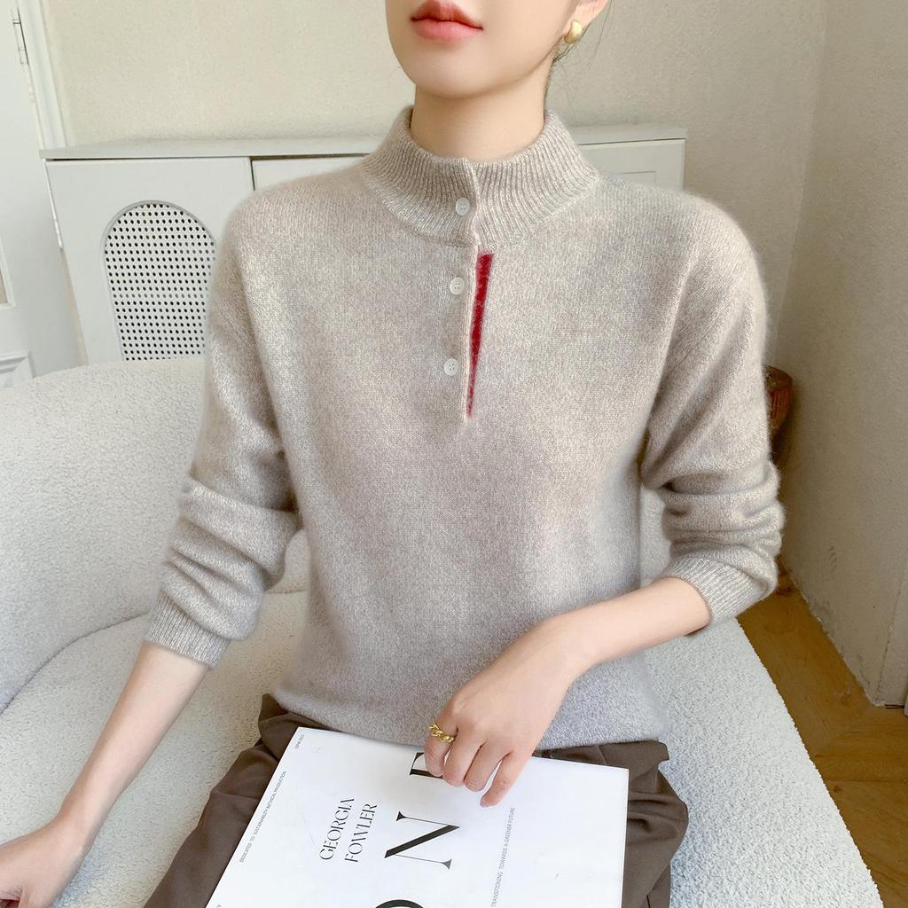Baby Plush Autumn/Winter Soft Cashmere Color Block Knit Sweater - Women's Warm Button-Up Half-High Neck Base Layer.