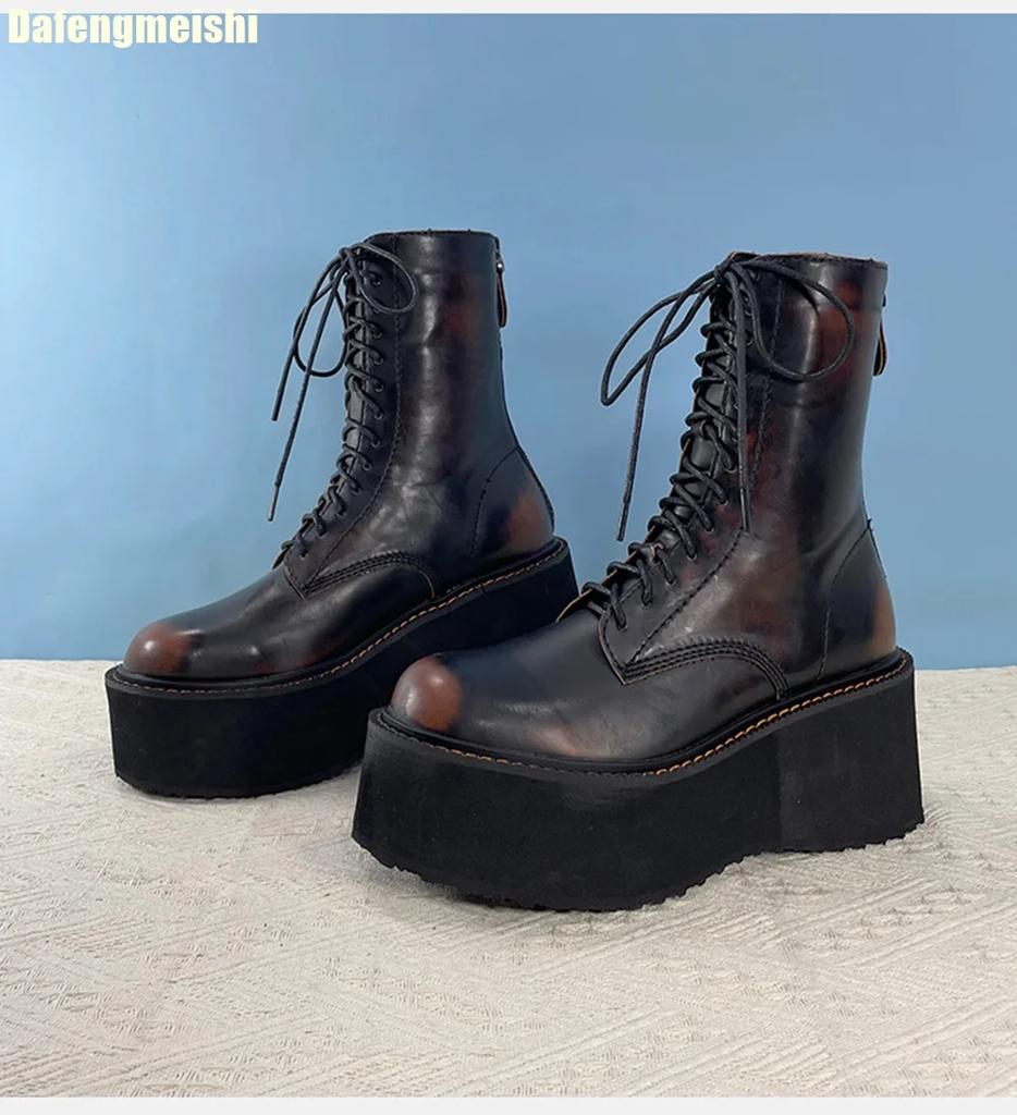 Móda 2025 Nejnovější Klínky Platforma Chelsea Boty Kulatá Špička Šněrovací Kotníkové Boty Zadní Zip Černá/hnědá Smíšená Barva Gotické Krátké Boty