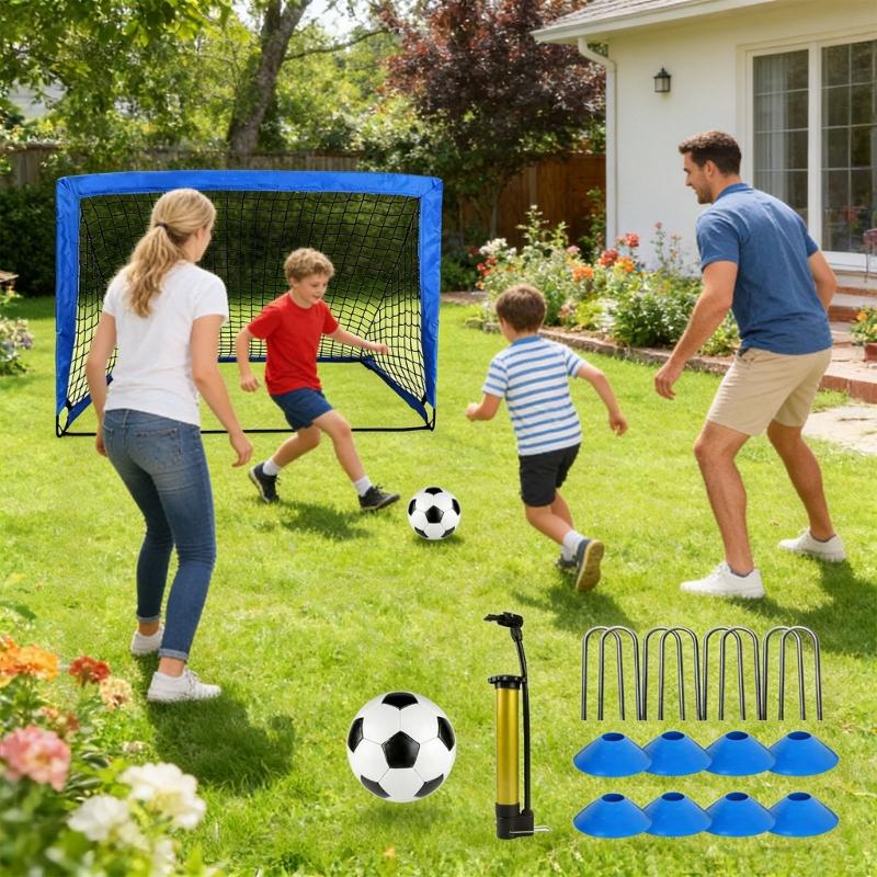 Easy To Carry Football Net Set Including 2 Foldable Markers Ball And Inflation Device For Kids Outdoor Play