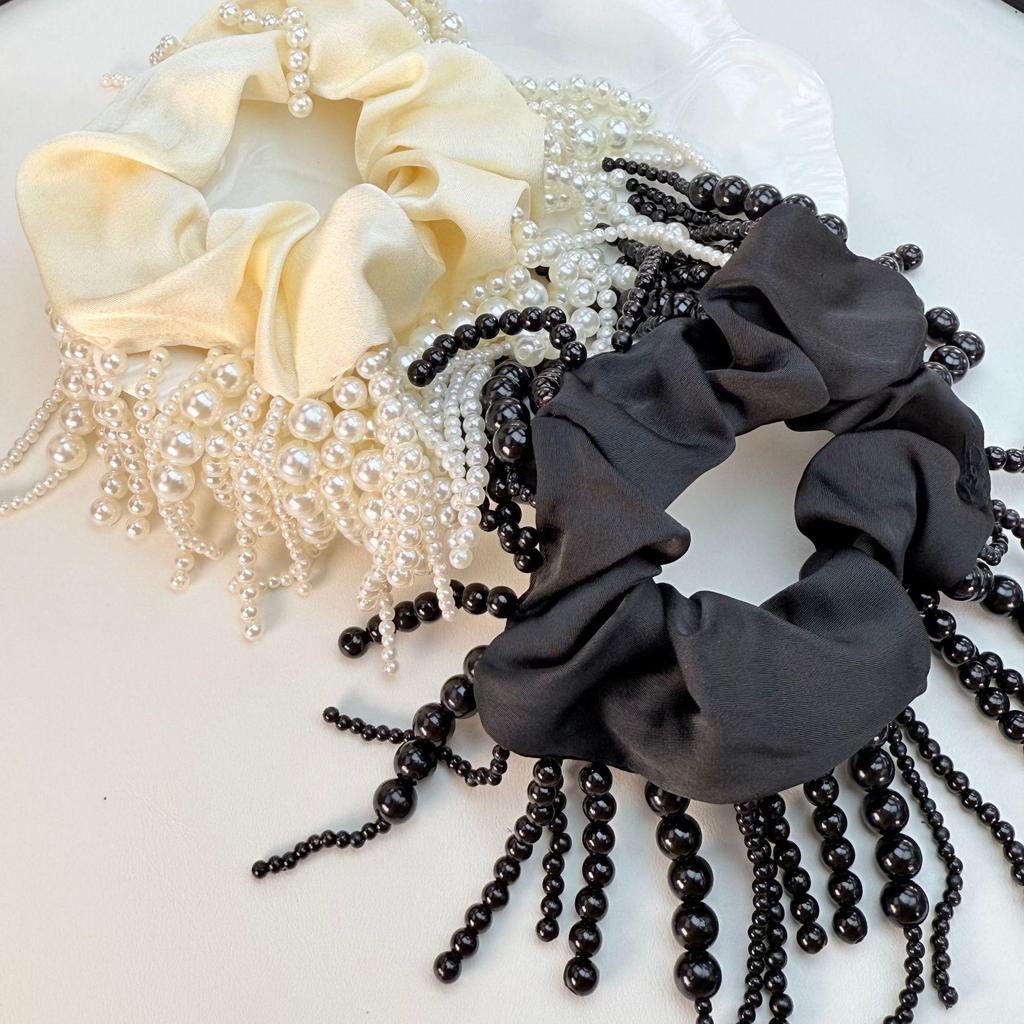 Satin Tassel Pearl Hair Tie - Non-Constricting Ponytail Accessory for Women