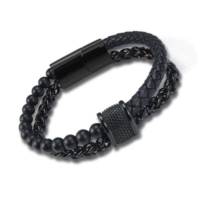

Trendy Geniune Leather Multilayer Bracelet for Men Chain Double black Luxury Punk Braided Bracelet Wristband Male Charm Jewelry 22cm чорний
