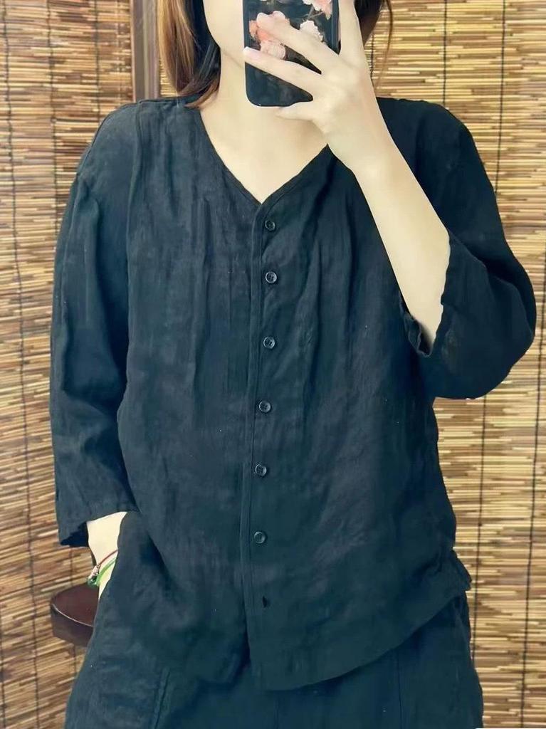 Women's Loose Cotton-Linen Cardigan Top with 3/4 Sleeves