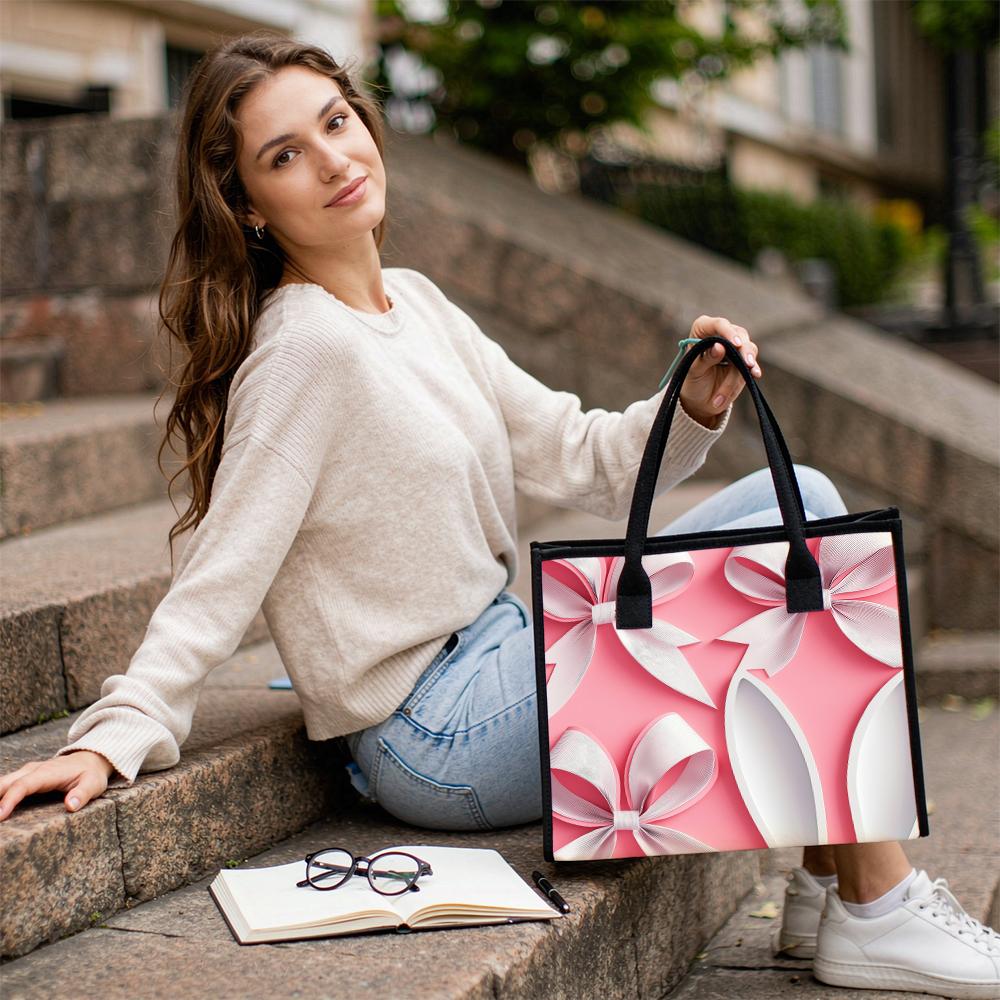 Pink Bow Pattern Tote Bag Casual Large Capacity Shoulder Handbag for Daily Use