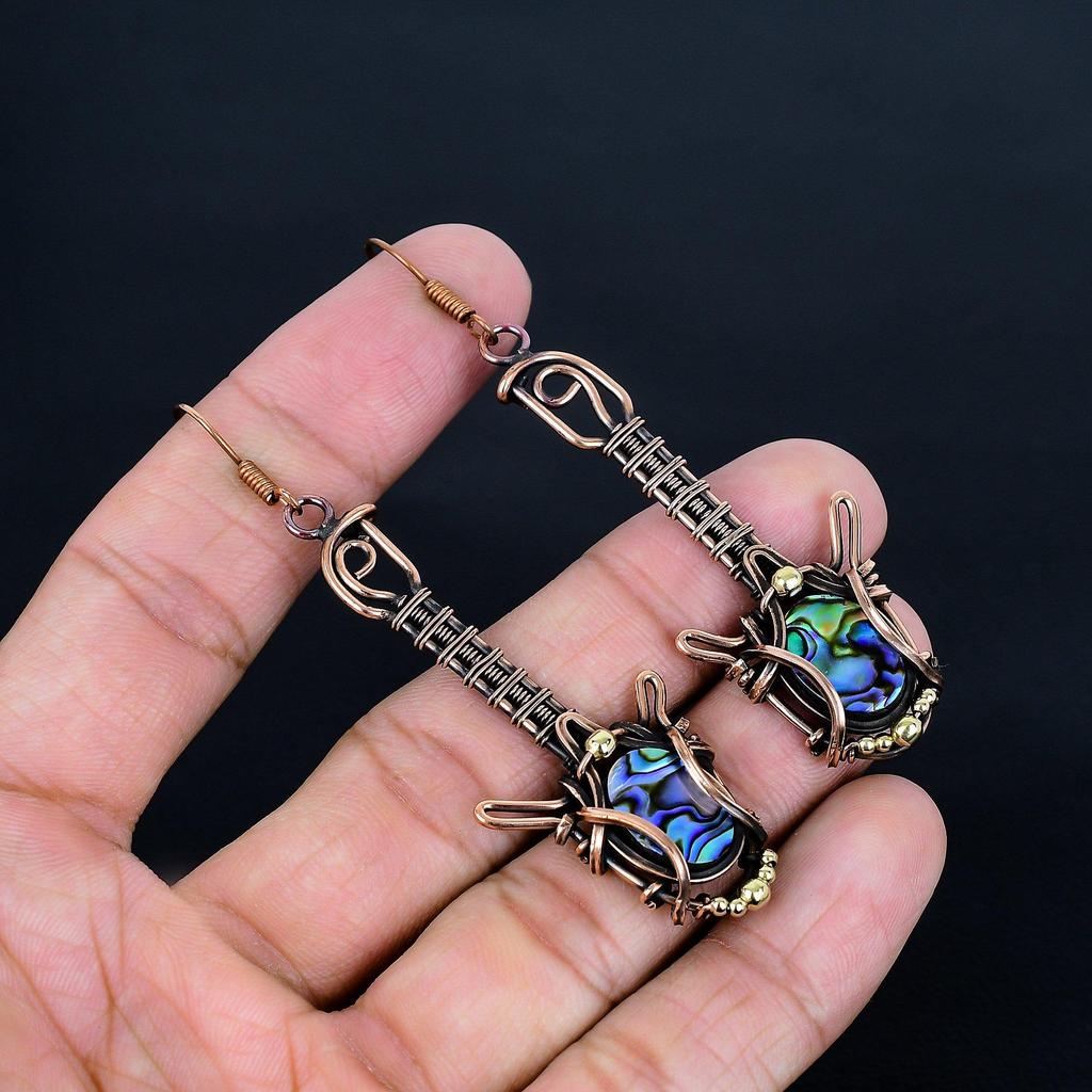 Abalone Shell 999 Copper Wire Wrapped Earrings, Handmade Gemstone Earrings Jewelry, Gifts For Wife Brand New Earrings