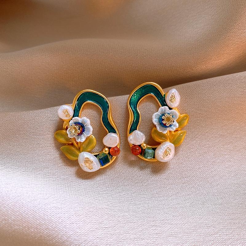 Mode Vintage Ölgemälde Stil Imitiert Barock Perlenblumen Ohrringe Tropfglasur Ohrring Damen Zart Hochwertige Accessoires