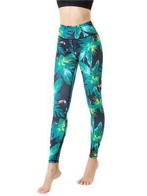 YOGALOVE Floral Print Yoga Cropped Perfect for Hot Yoga Green Size Women's Leggings, Quick-Drying, Length, (Bright Leaves, XL)