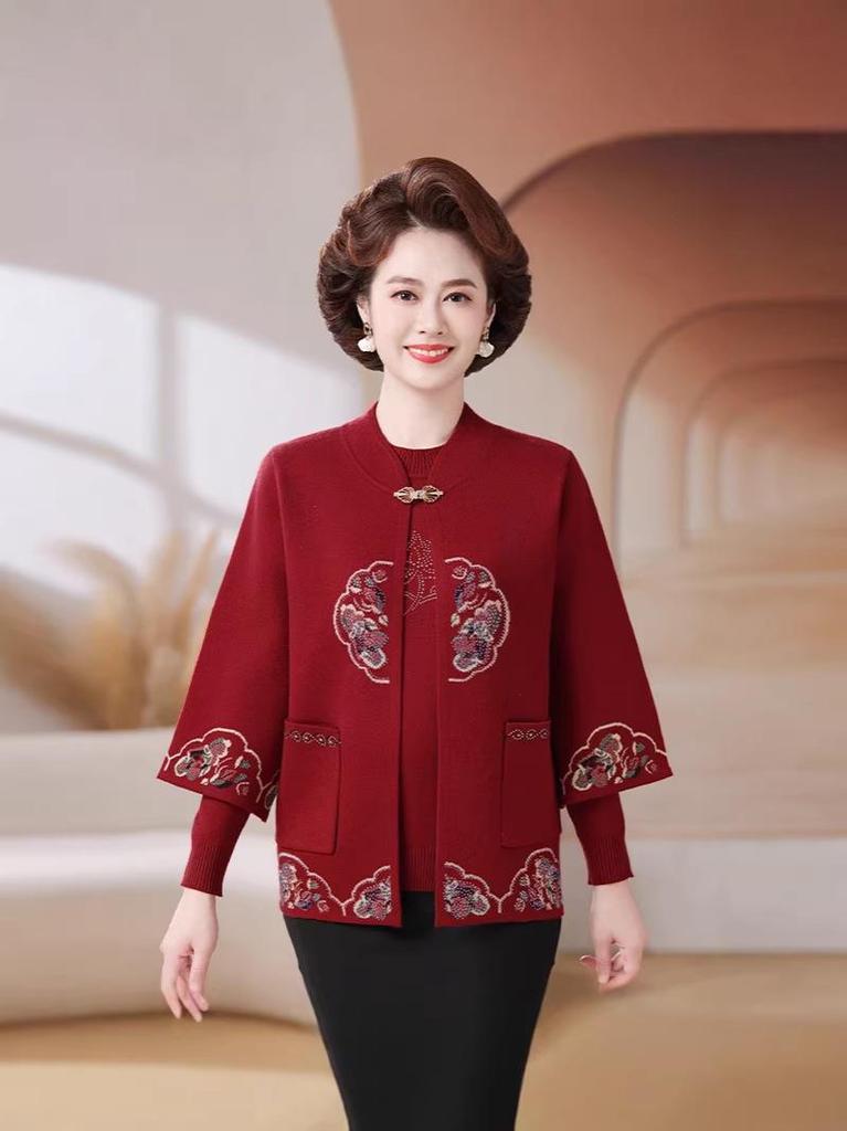Elegant Autumn Tang Suit Two-Piece Set: National Style Sweater & Jacket for Middle-Aged and Elderly Women - Perfect for Weddings and Formal Events