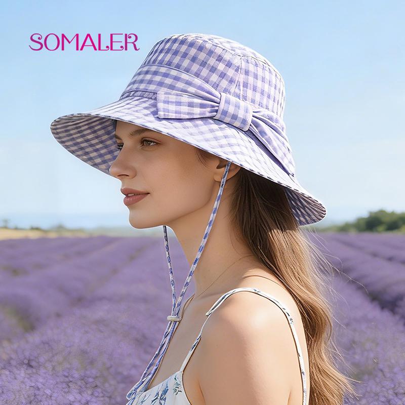 SOMALER Women's Summer Plaid Sun Hat Cotton Beach UV Protection Bucket Hat