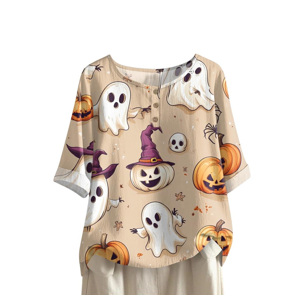Damen Modisches Und Lässiges Shirt Halbarm Rundhals Print Baumwolle Und Leinen Bluse Top
