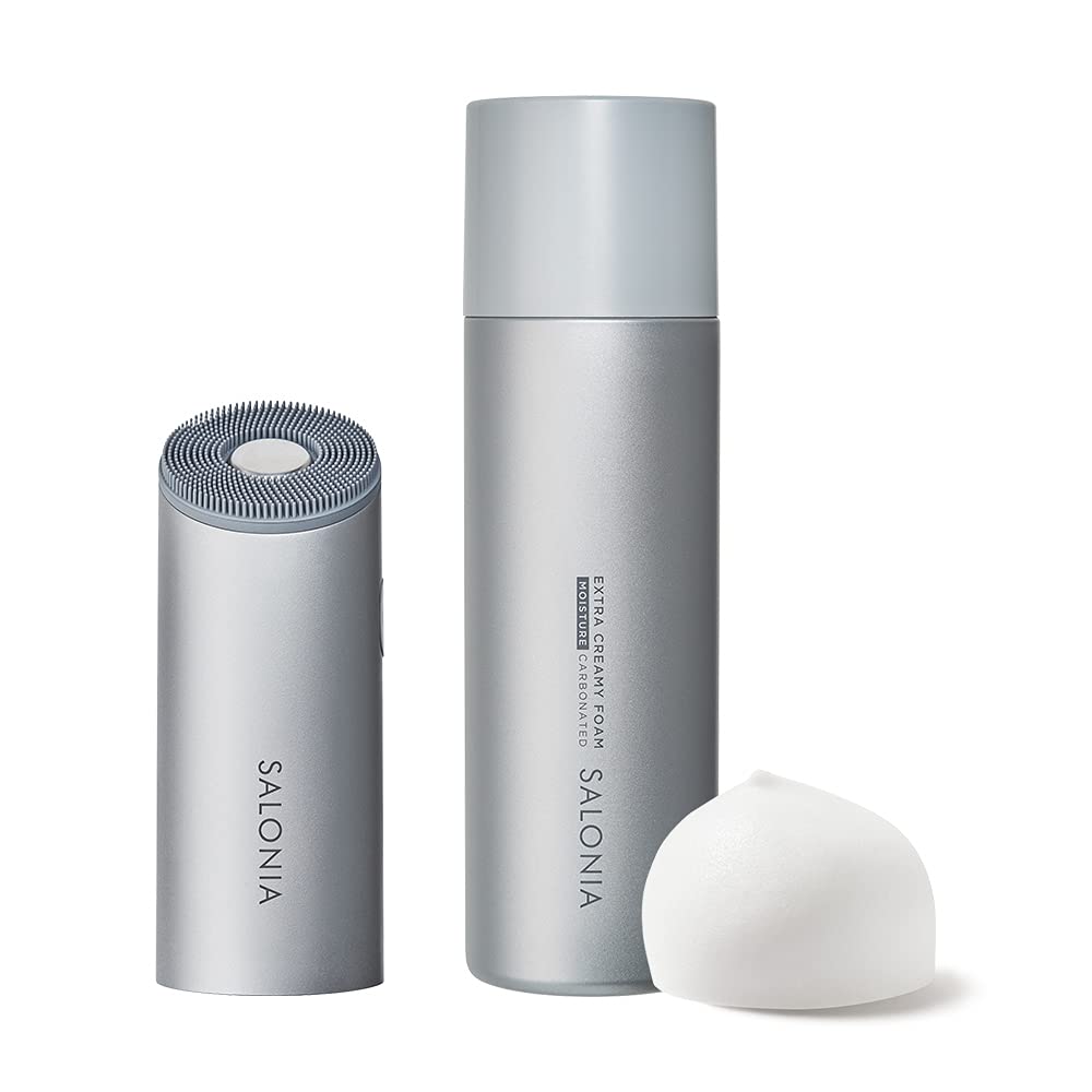 SALONIA Ion Facial Brush & Extra Creamy Foam Electric Cleansing Brush for Pore Cleansing and Blackhead Removal (SAL21202SL, Silver) [Amazon.co.jp Excl