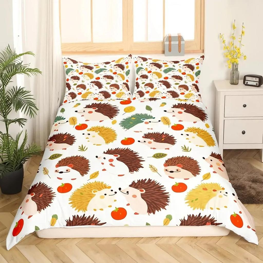 Cartoon Igel Bettbezug Queen Aquarell Batik Boho Bettwäsche-Set, Wildtiere Blumen Bettdeckenbezug Floraler Quiltbezug