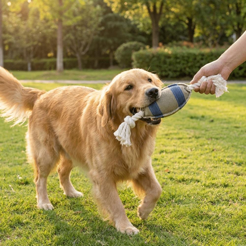 Bite Resistant Dog Chew Toy Rugby Shaped Interactive Pet Knot Toy Linen Cotton Rope Squeaky Sound Dog Bite Ball