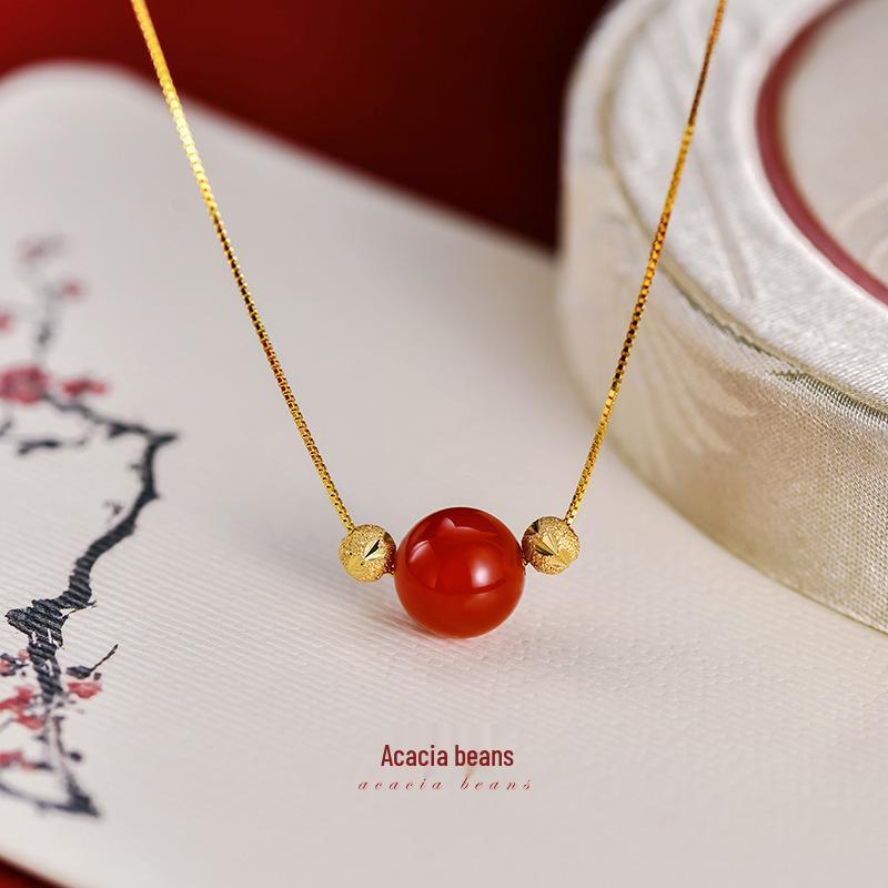 High-End Chinese Acacia Red Bean & Agate Necklace with Luck Bead Clavicle Chain