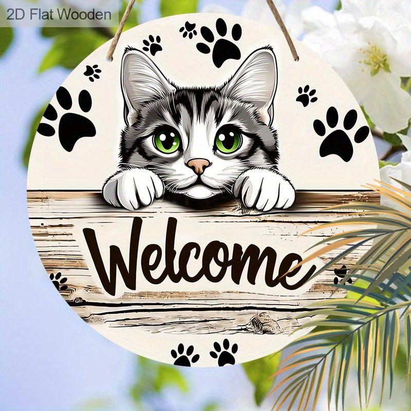 Garden Decoration, Wooden Hanging Decorative Signs, "WELCOME" Logo, Cute Kitten Pattern, 2D Graphic Products, Housewarming Gifts for Friends