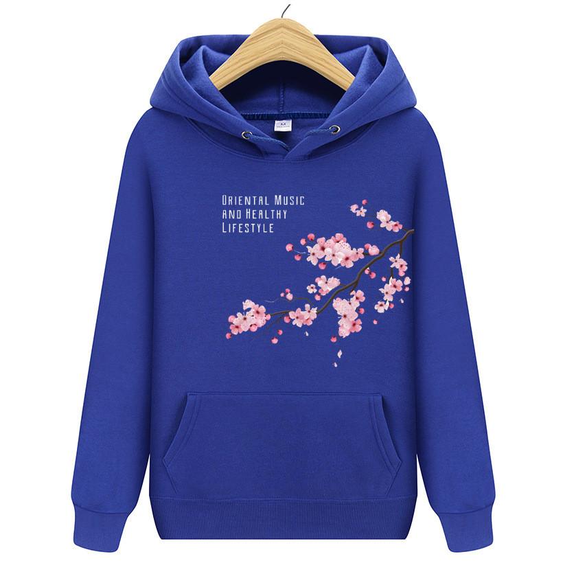 Men's and Women's Hoodie Fleece Fleece Autumn One Plum Blossom Printed Hooded Sweatshirt Street Wear Pullover