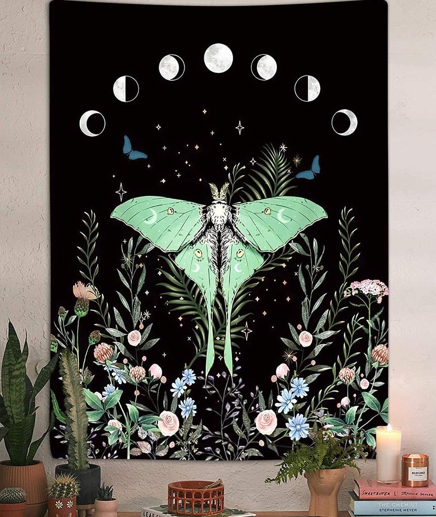 Floral Moth Moon Vertical Tapestry, Aesthetic Flower Black Witchy Tarot Decor Tapestry Wall Hanging For Girls Bedroom