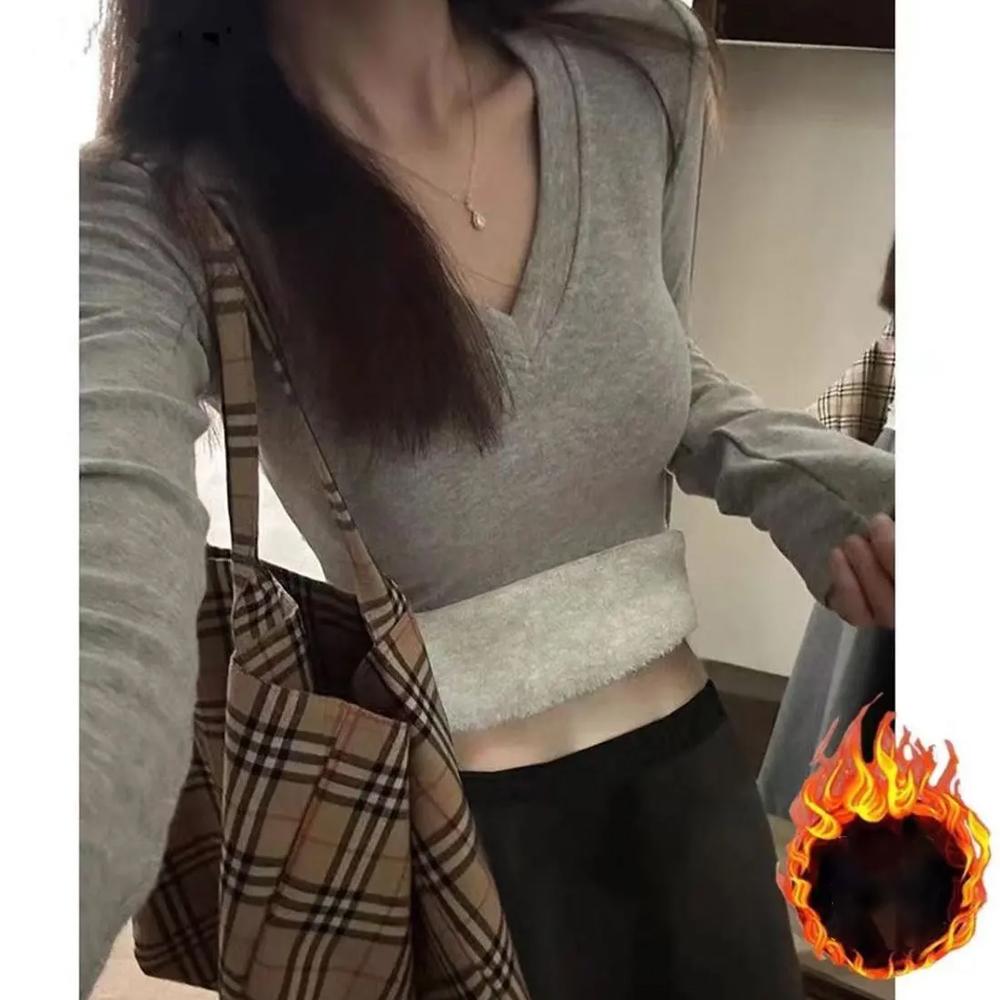 German Velvet V-neck Front Shoulder Autumn and Winter Long-sleeved Bottoming Shirt, Slim Fit, Velvet Thickened Spice Girl with Warm Top Inside
