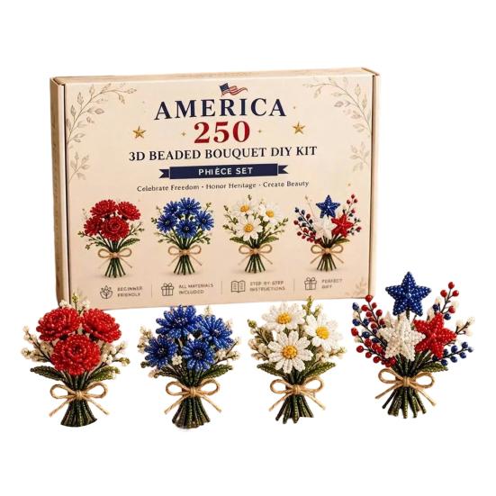 3D Bouquet Beading Kit, America 250th Anniversary Beaded Bouquet DIY Kit, Flower Bouquet Bead Art Set for Adults Beginners C