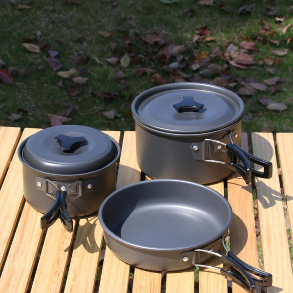 OULOVECO 3-teiliges Camping-Kochgeschirr-Set, lebensmittelechtes Hartaluminium, faltbar und leicht, inklusive Outdoor-Wasserkocher, Pfanne und Kochtopf mit S
