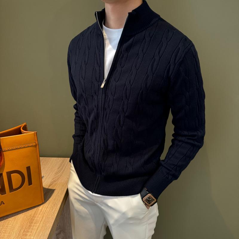 Men's Autumn & Winter Stand-Up Collar Patchwork Cardigan Sweater - Thick Cotton, Solid Color Knitwear