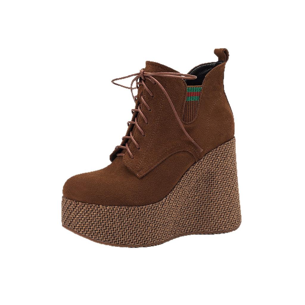 Leather wedged Martin boots women's 2025 autumn and winter new leather platform short boots retro not tired feet super high heel boots