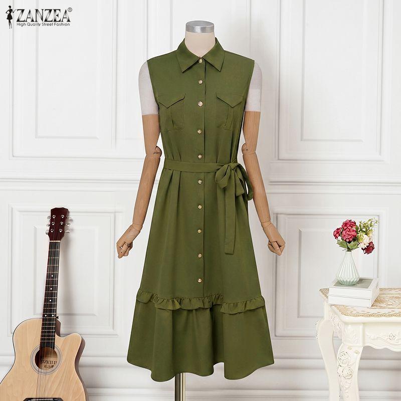 ZANZEA Women Casual Turn Down Collar Loose Sleeveless Dress
