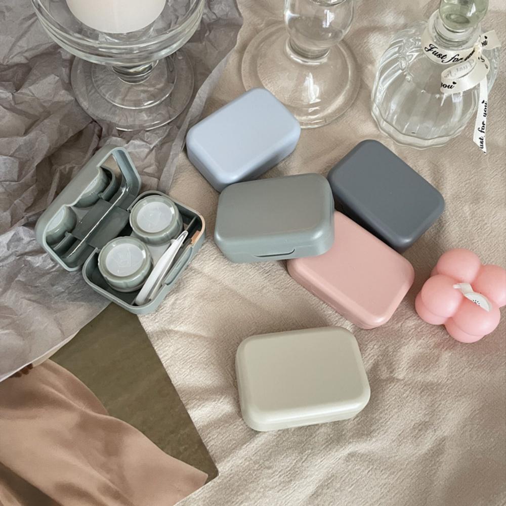 Portable Contact Lens Case Mirror Tweezers Suction Stick Macaron Color Mini Square Eye Care Storage Box Travel Container Holder