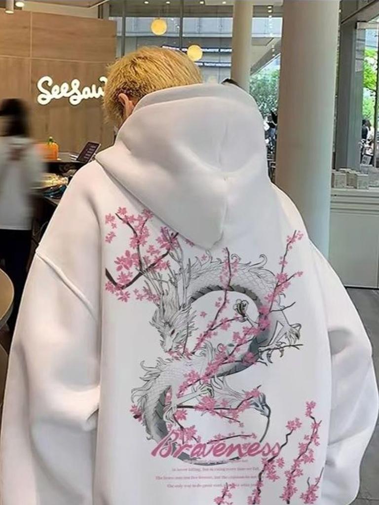 2025 Neuer Kapuzenpullover Herbst Herren Einfarbig Guochao Weißer Drachen Druck Lässig Paar Übergröße Reise Sweatshirt