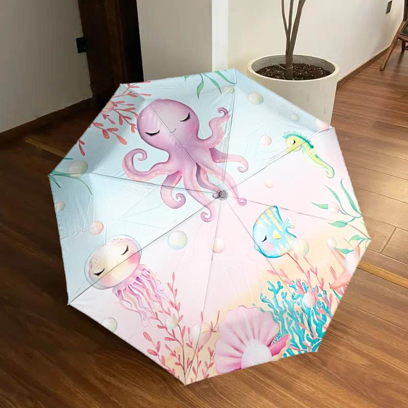 

Underwater Paradise: Cute Octopus, Jellyfish, Fish & Seahorse Design Automatic Opening/Closing Umbrella with Foldable Design for Outdoor Use