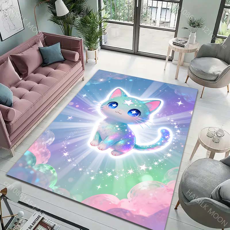 Multiple sizes Starry cat, dreamy background Print Carpet Rug for Living Room Bedroom Sofa Doormat Home Decor Non-slip Floor Mat