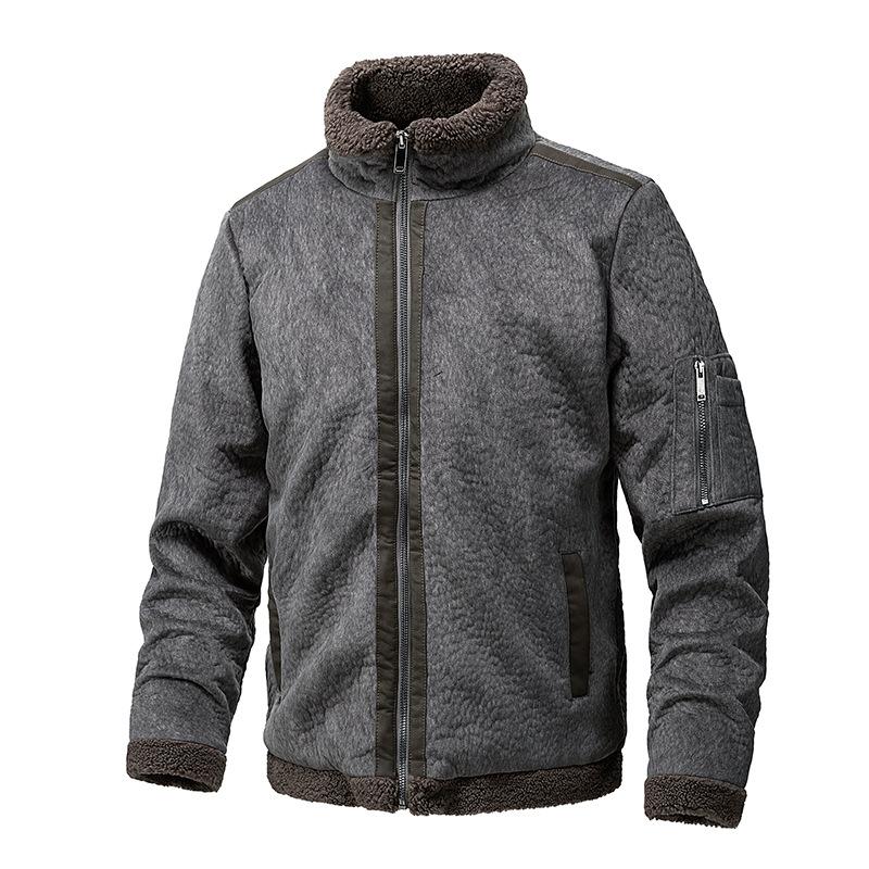 Winter Men's Fleece Lamb Fur Suede Stand Up Collar Leather Jacket Thickened Casual Men's Fur One-Piece Jackets