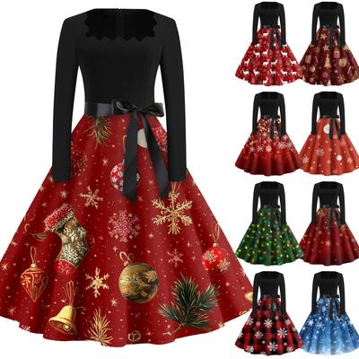 Robe Évasée à Imprimé Noël Pour Femmes Robe à Manches Longues Creuse Fête Décontractée Robes à Col Carré