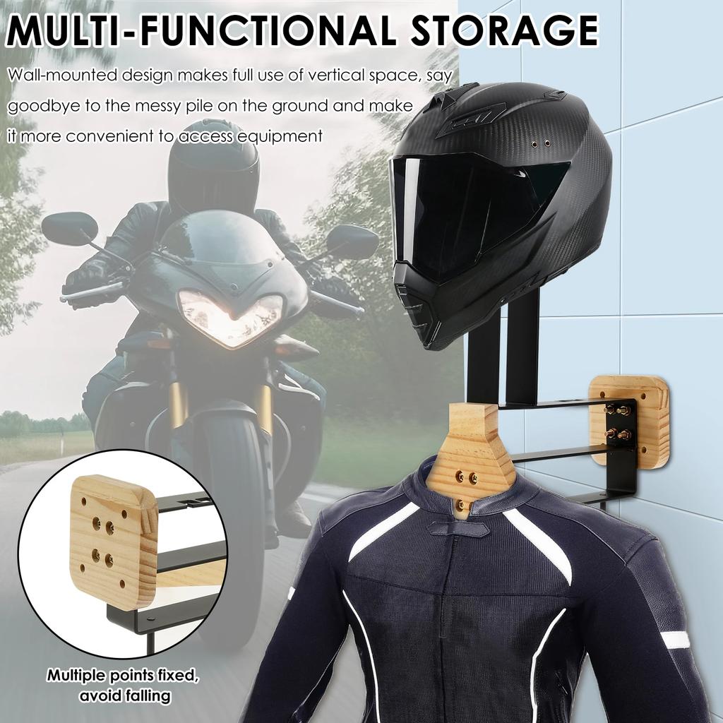 Motorcycle Helmet Rack Wooden Vest Helmet Wall Mount Stand with Hooks 2-In-1 Versatile Motorcycle Helmet Vest Holder for Storage