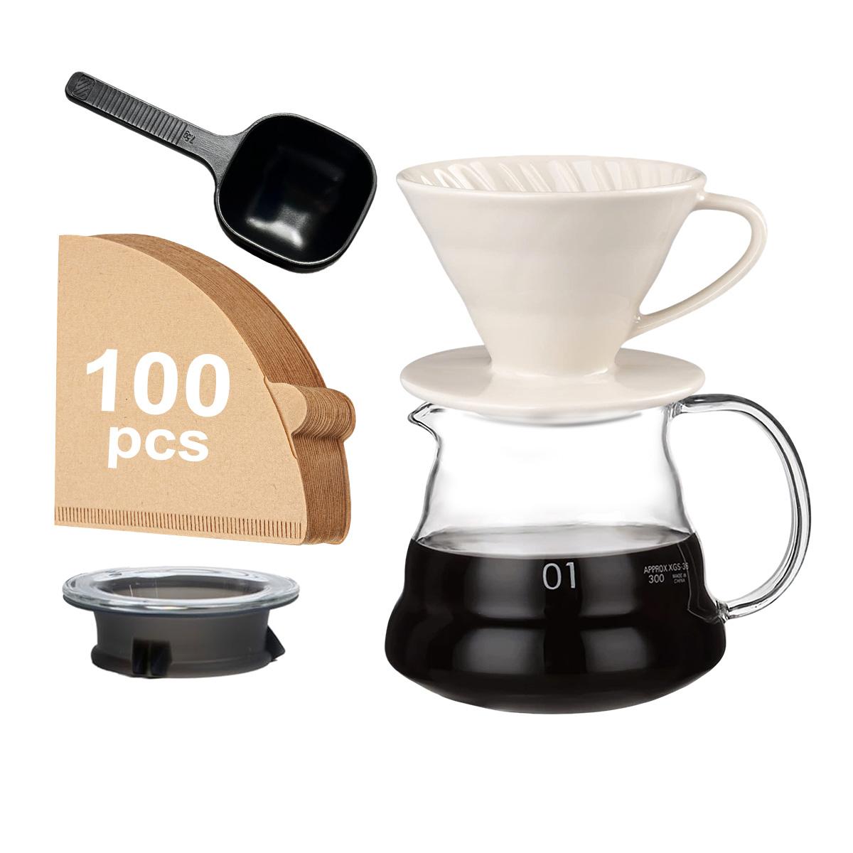 4 Pieces Pour Over Coffee Maker Set - Include Glass Pot & 100pcs Paper Filter & Ceramic Pour Over Coffee Dripper & Coffee Spoon